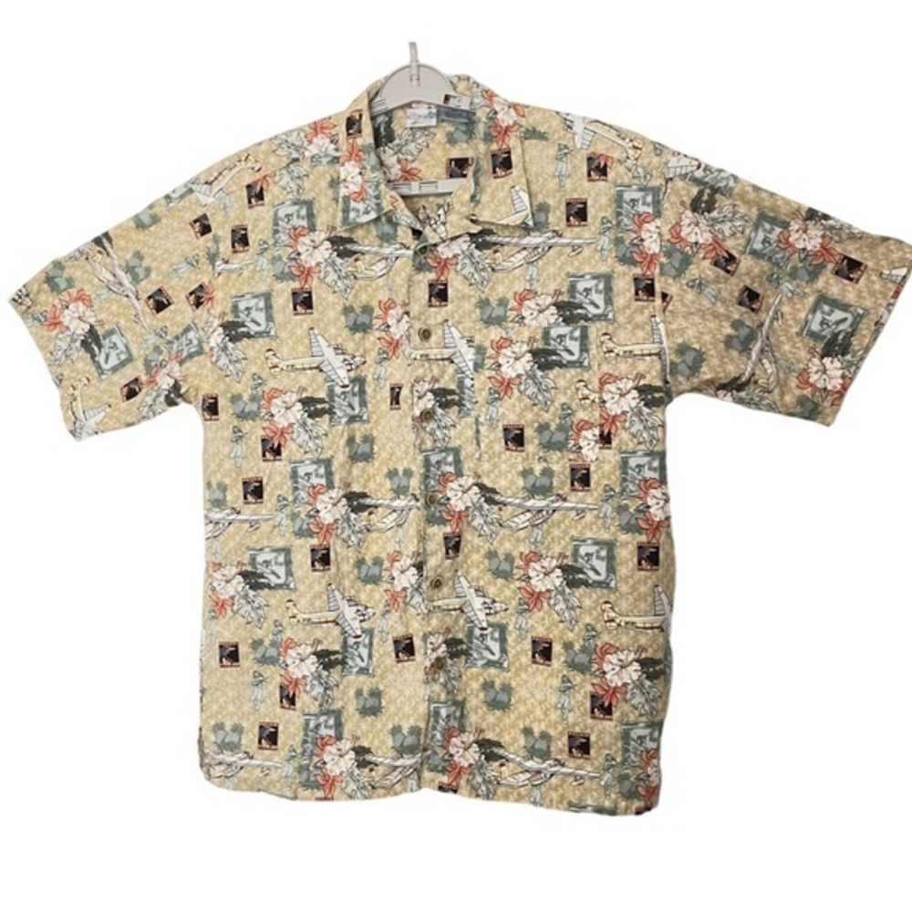 OP Sport Hawaiian Shirt Panair Bi-Plane Hula Girl Hibiscus Surfer shirt L